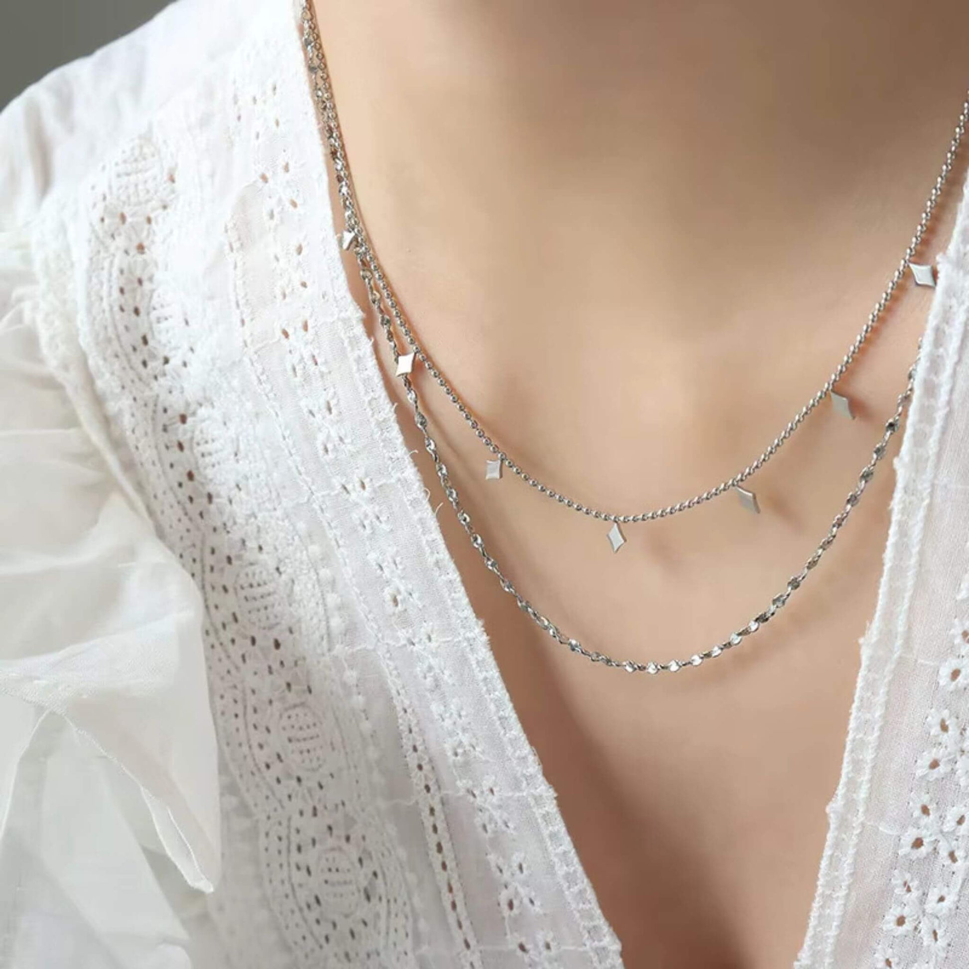 Versatile silver geometric double necklace - ideal for stacking or wearing solo