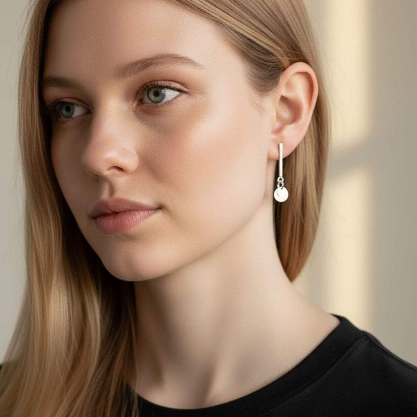 Sterling silver vertical bar and circle disc drop stud earrings worn by model, side profile showing 26mm drop length below earlobe