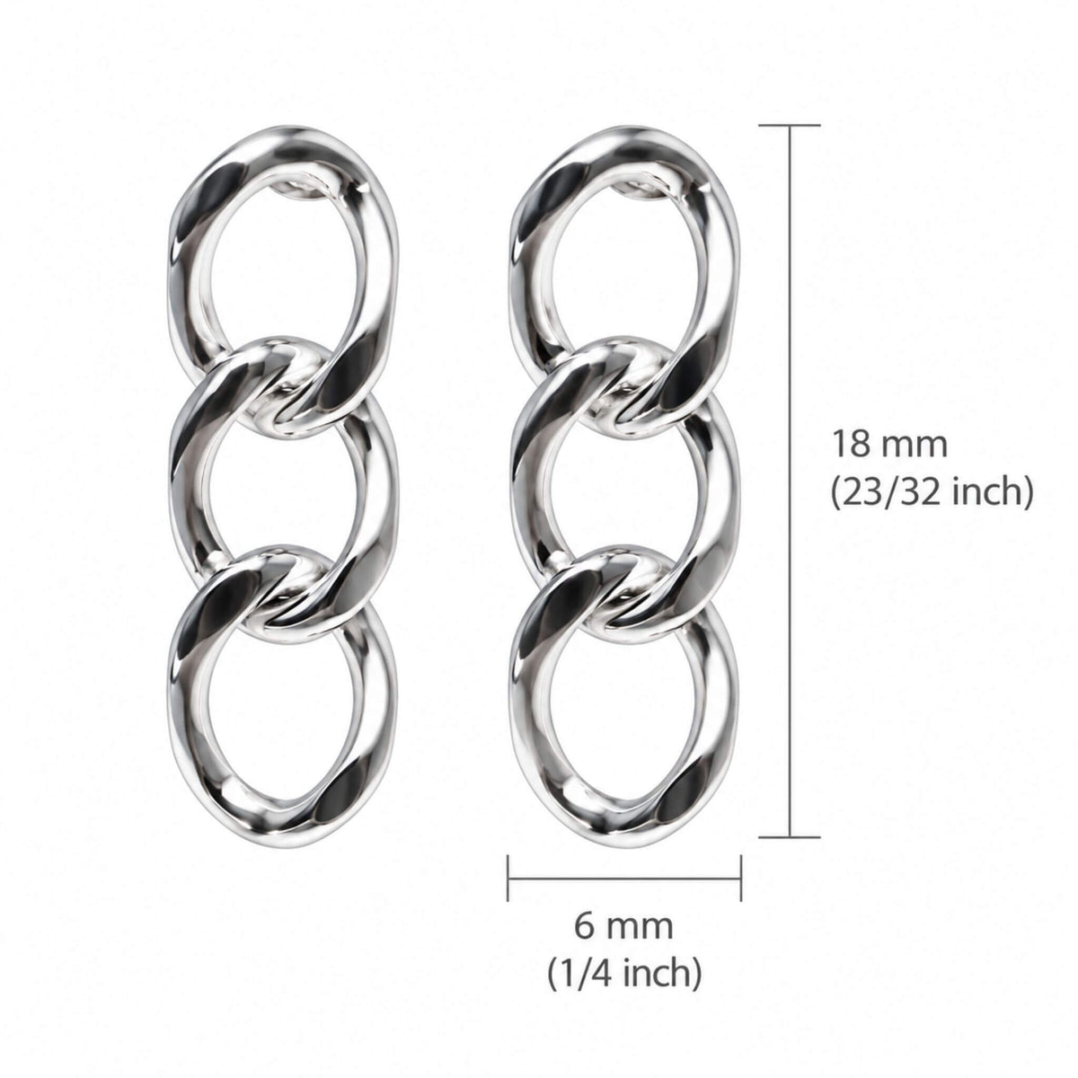 Sterling silver chain stud earrings measuring 18mm high and 6mm wide