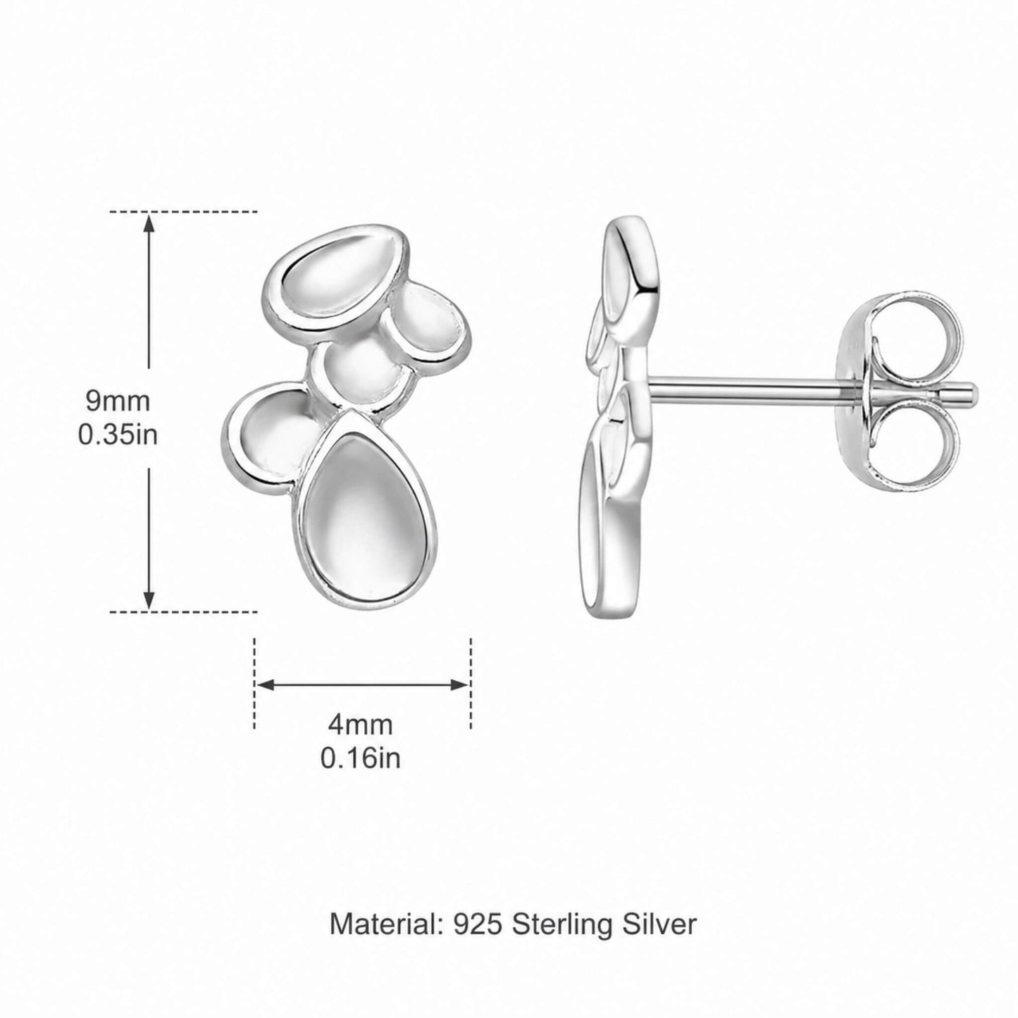 Sterling silver droplets stud earring dimensions — 9mm tall by 4mm wide, 925 sterling silver butterfly back