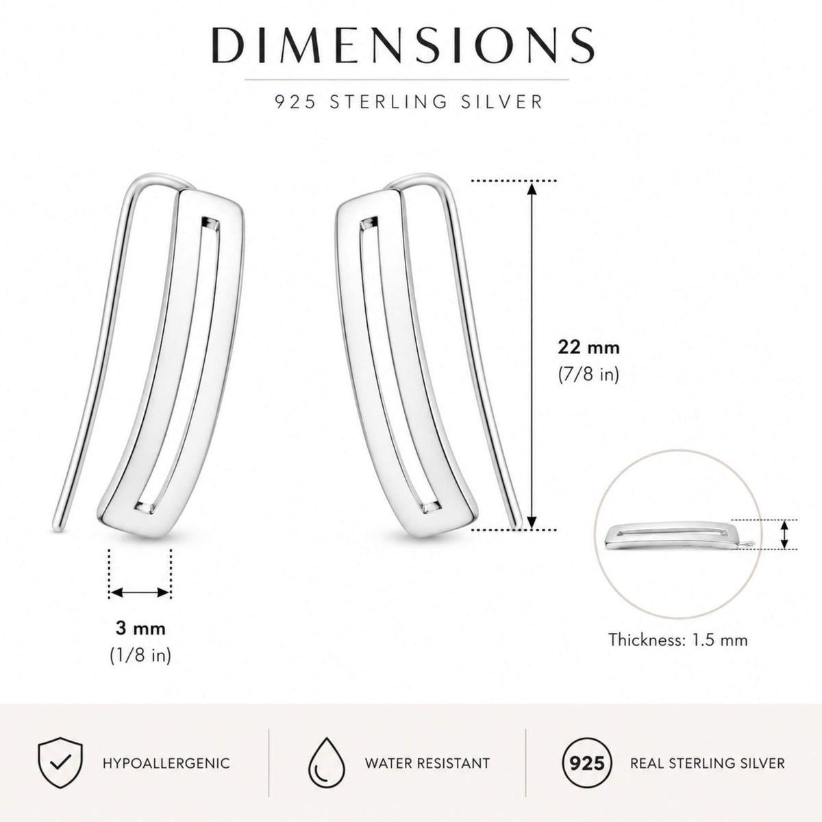 Dimensions graphic showing the size of sterling silver rectangle ear climber earrings measuring 22 mm by 3 mm.