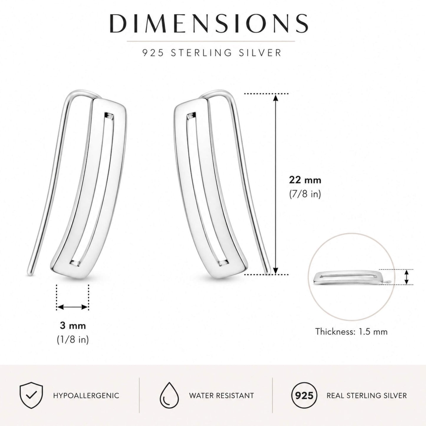 Dimensions graphic showing the size of sterling silver rectangle ear climber earrings measuring 22 mm by 3 mm.