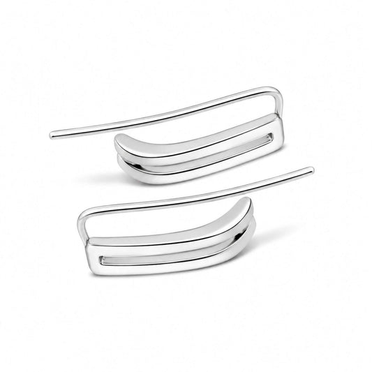 Sterling silver ear climber earrings with a minimalist open rectangle geometric design on a white background.