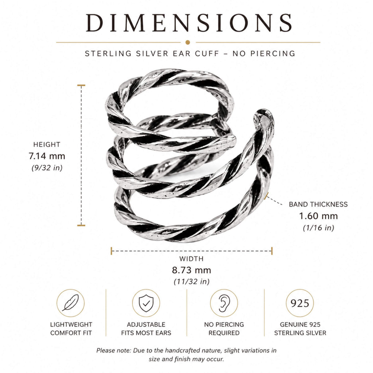 Dimensions of a sterling silver ear cuff showing 8.73 mm width, 7.14 mm height, and 1.60 mm band thickness with no piercing design.