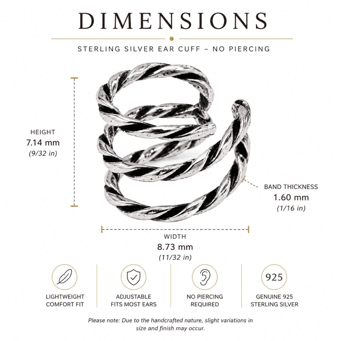Dimensions of a sterling silver ear cuff showing 8.73 mm width, 7.14 mm height, and 1.60 mm band thickness with no piercing design.