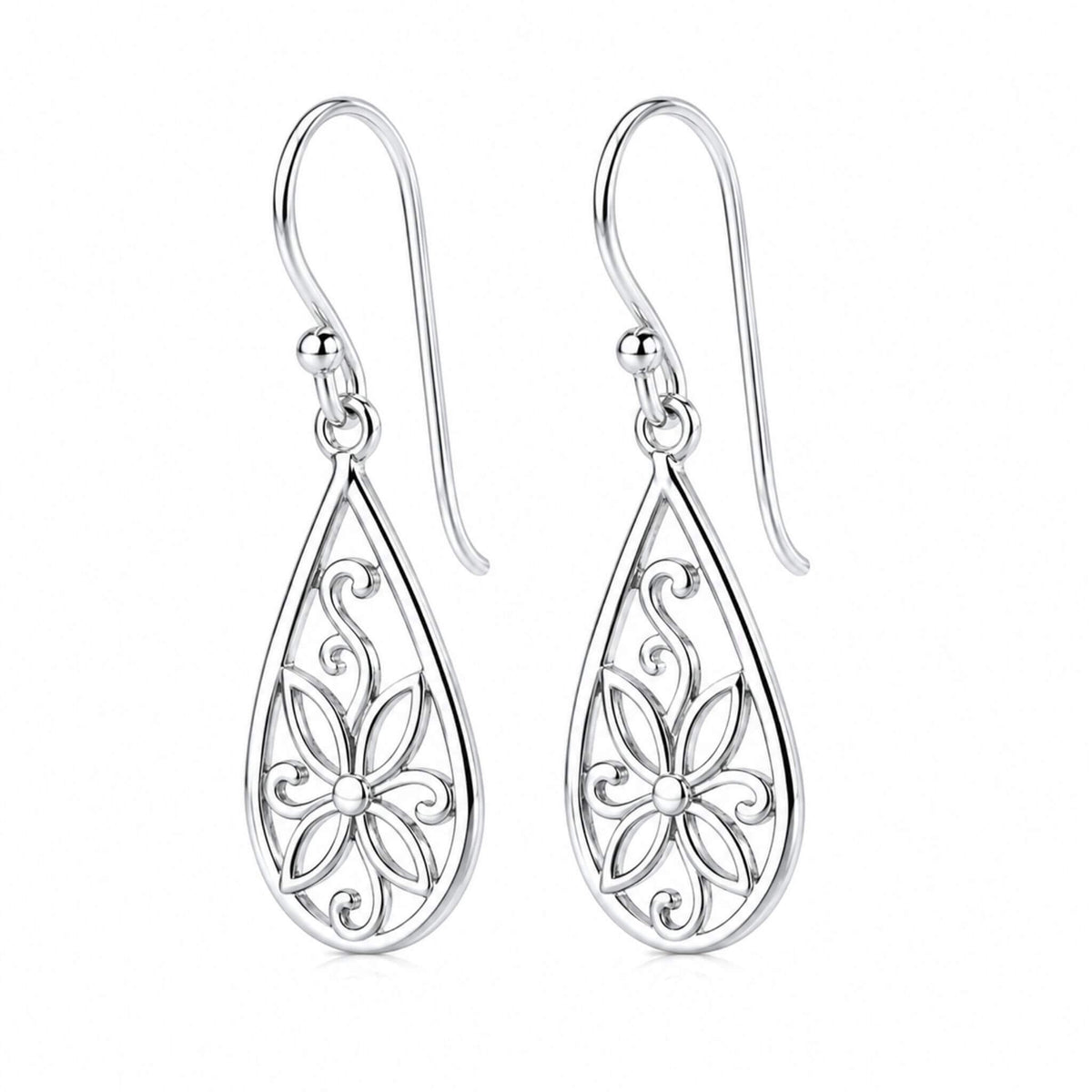 Sterling silver flower dangle earrings with teardrop design