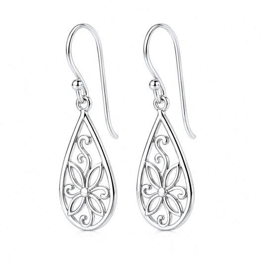 Sterling silver flower dangle earrings with teardrop design