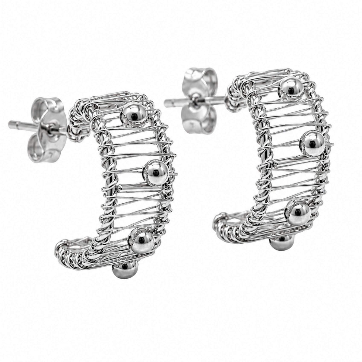 925 sterling silver hoop earrings with wire wrapped half hoop design and silver beads