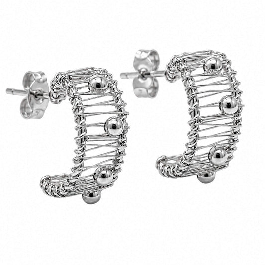 925 sterling silver hoop earrings with wire wrapped half hoop design and silver beads
