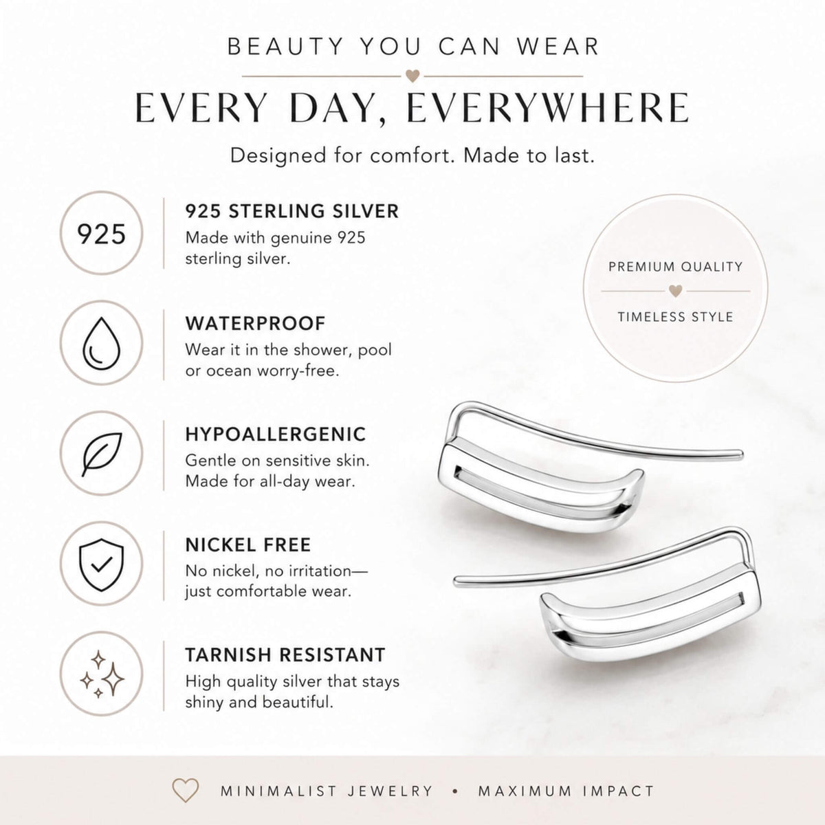 925 sterling silver ear climber earrings that are hypoallergenic and designed for comfortable everyday wear.