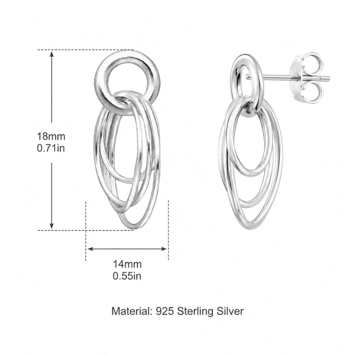 Sterling silver multi layer hoop earring dimensions — 18mm tall by 14mm wide, 925 sterling silver butterfly back