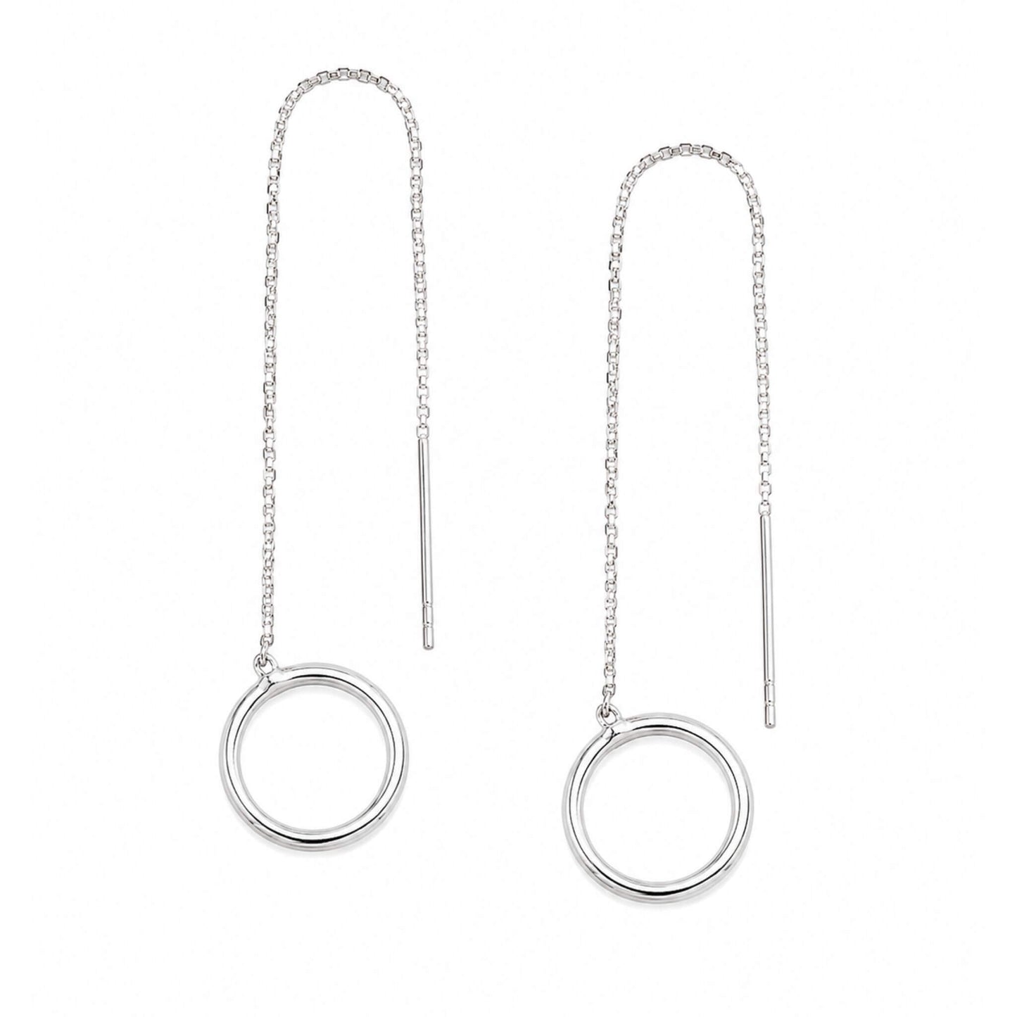Sterling silver open circle threader earrings pair on white background — hypoallergenic nickel-free