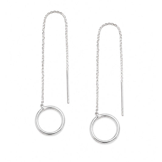 Sterling silver open circle threader earrings pair on white background — hypoallergenic nickel-free