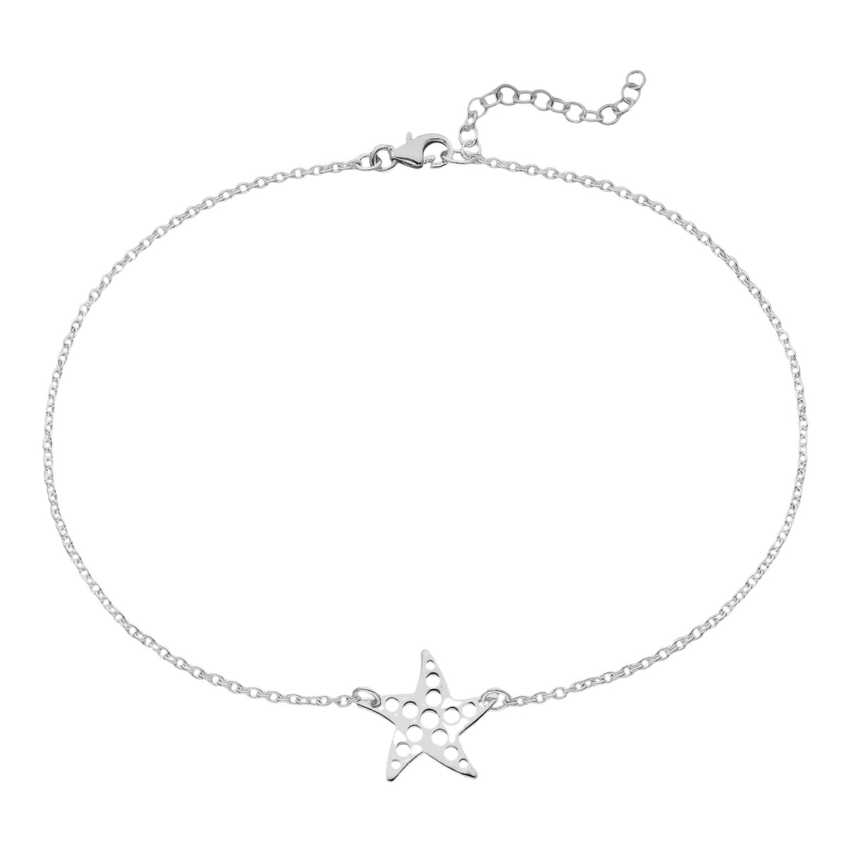 Sterling silver star anklet with adjustable chain on white background