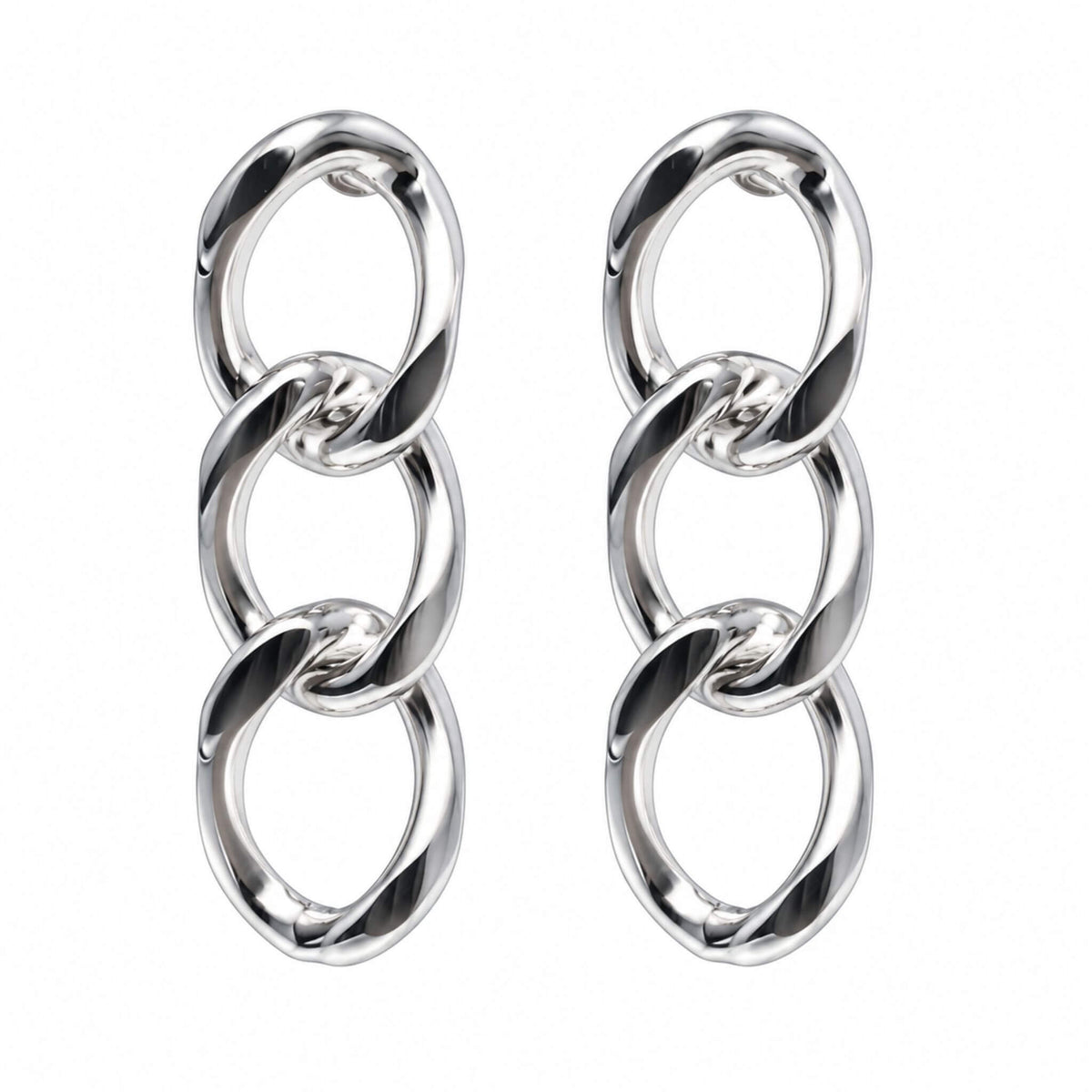 Sterling silver stud earrings with three polished interlocking chain links