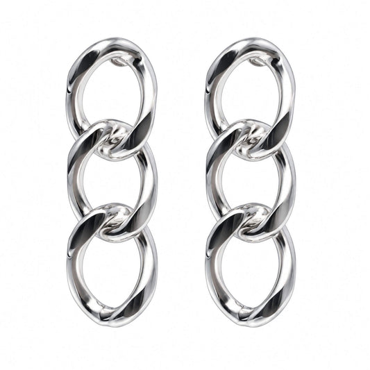 Sterling silver stud earrings with three polished interlocking chain links