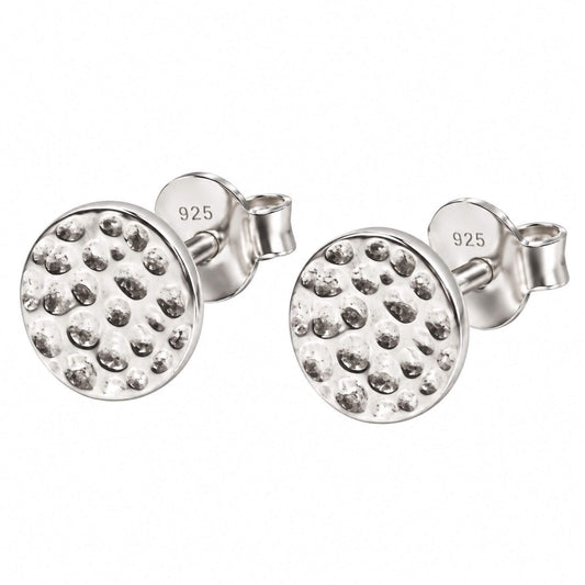 Sterling silver stud earrings with hammered circle design in genuine 925 silver