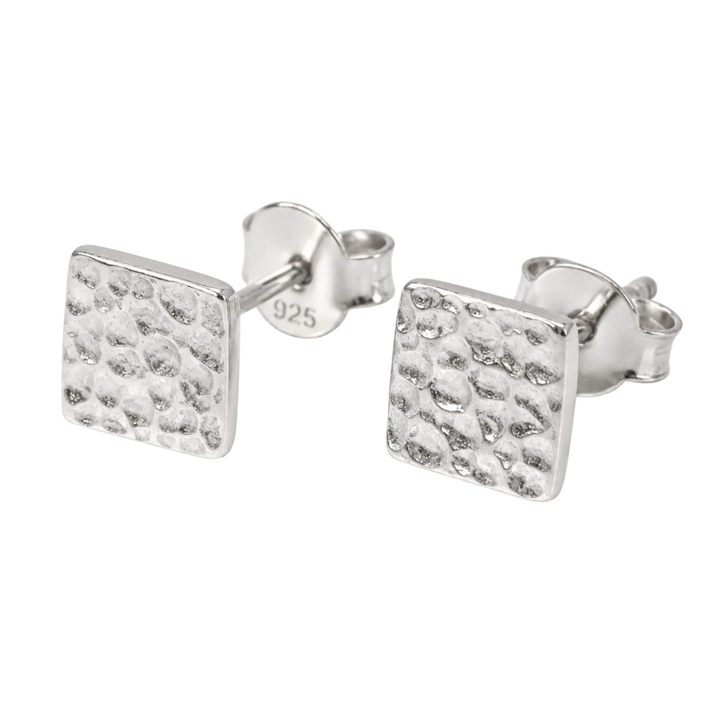 Sterling silver stud earrings with hammered square design in solid 925 silver