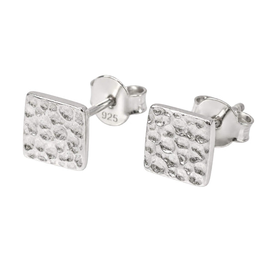 Sterling silver stud earrings with hammered square design in solid 925 silver