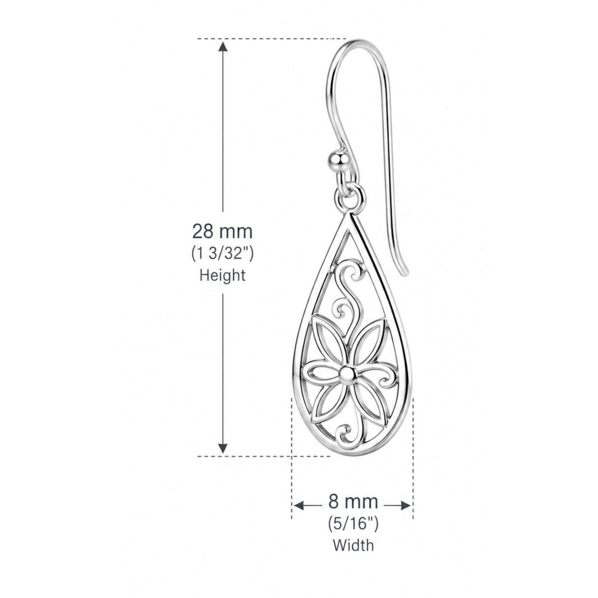 Sterling silver teardrop earring measuring 28mm high and 8mm wide