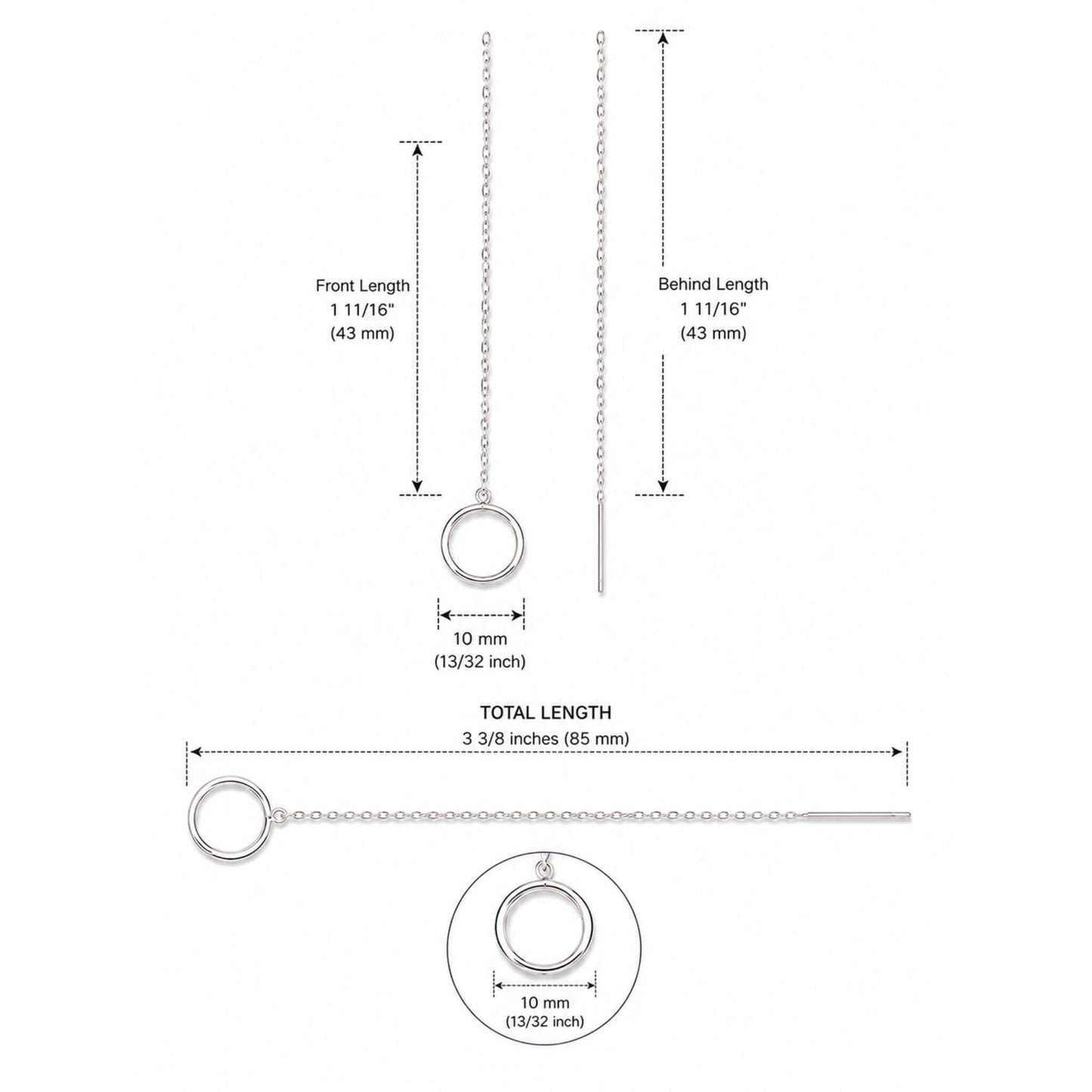 Sterling silver open circle threader earring dimensions — 85mm total length, 43mm front drop, 10mm circle pendant