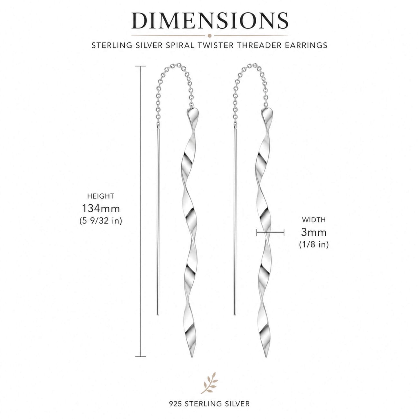 Dimensions of 925 sterling silver spiral twist threader earrings measuring 134 mm long