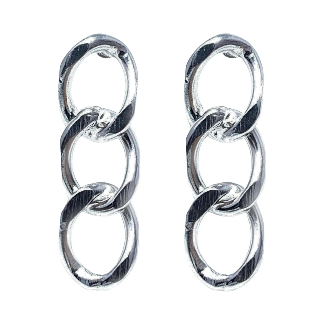 Sterling Silver Three Curb Chain Stud Earrings front view showing triple curb chain design