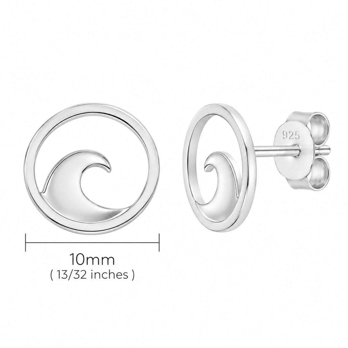Sterling silver wave earrings measuring 10mm with push-back closure
