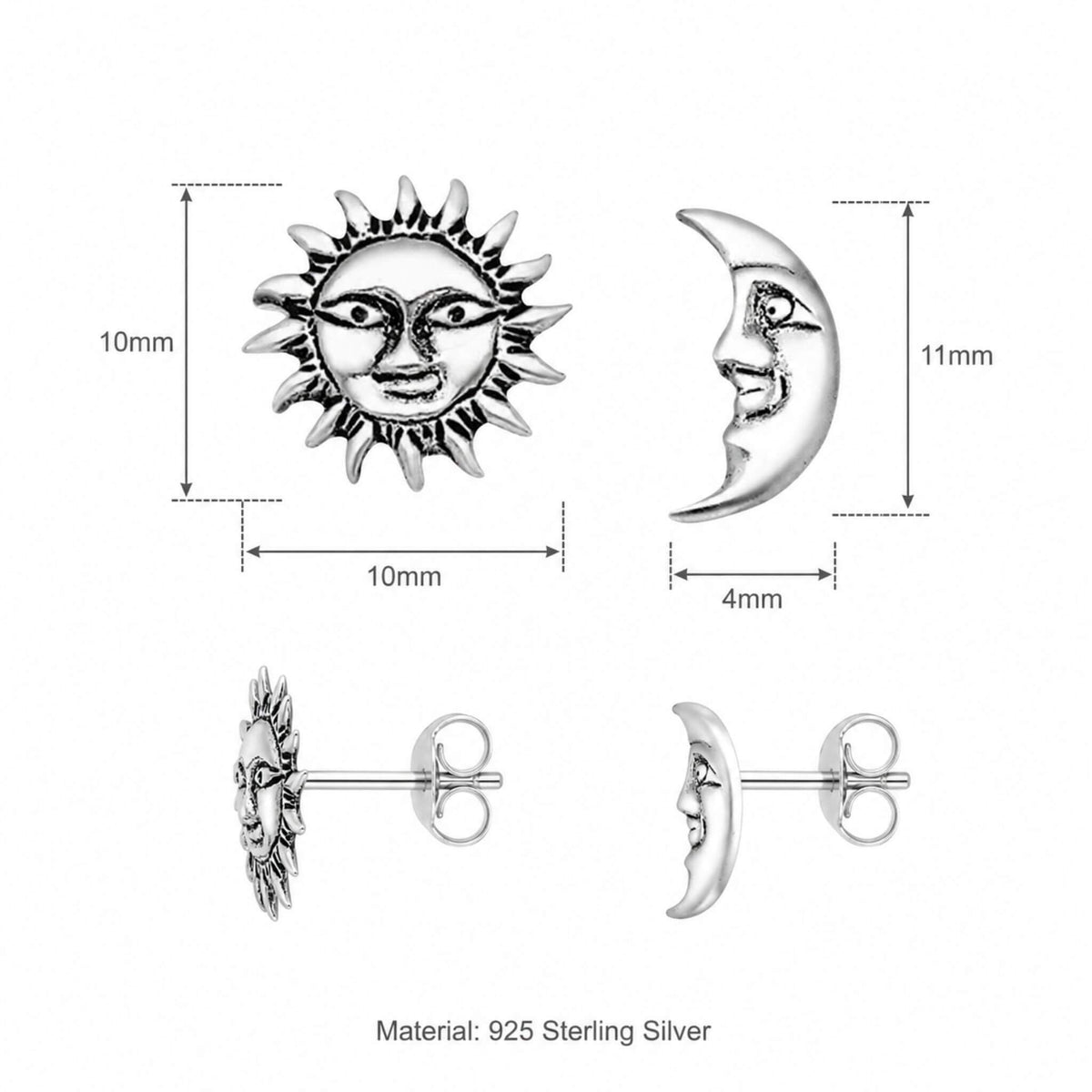 Sun and moon stud earring dimensions — sun 10mm x 10mm, moon 11mm x 4mm, 925 sterling silver with butterfly backs
