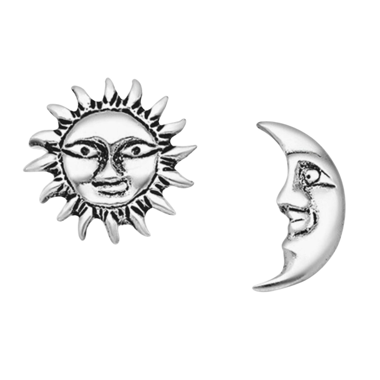 Sun and moon stud earrings in sterling silver — mismatched celestial studs, hypoallergenic nickel-free