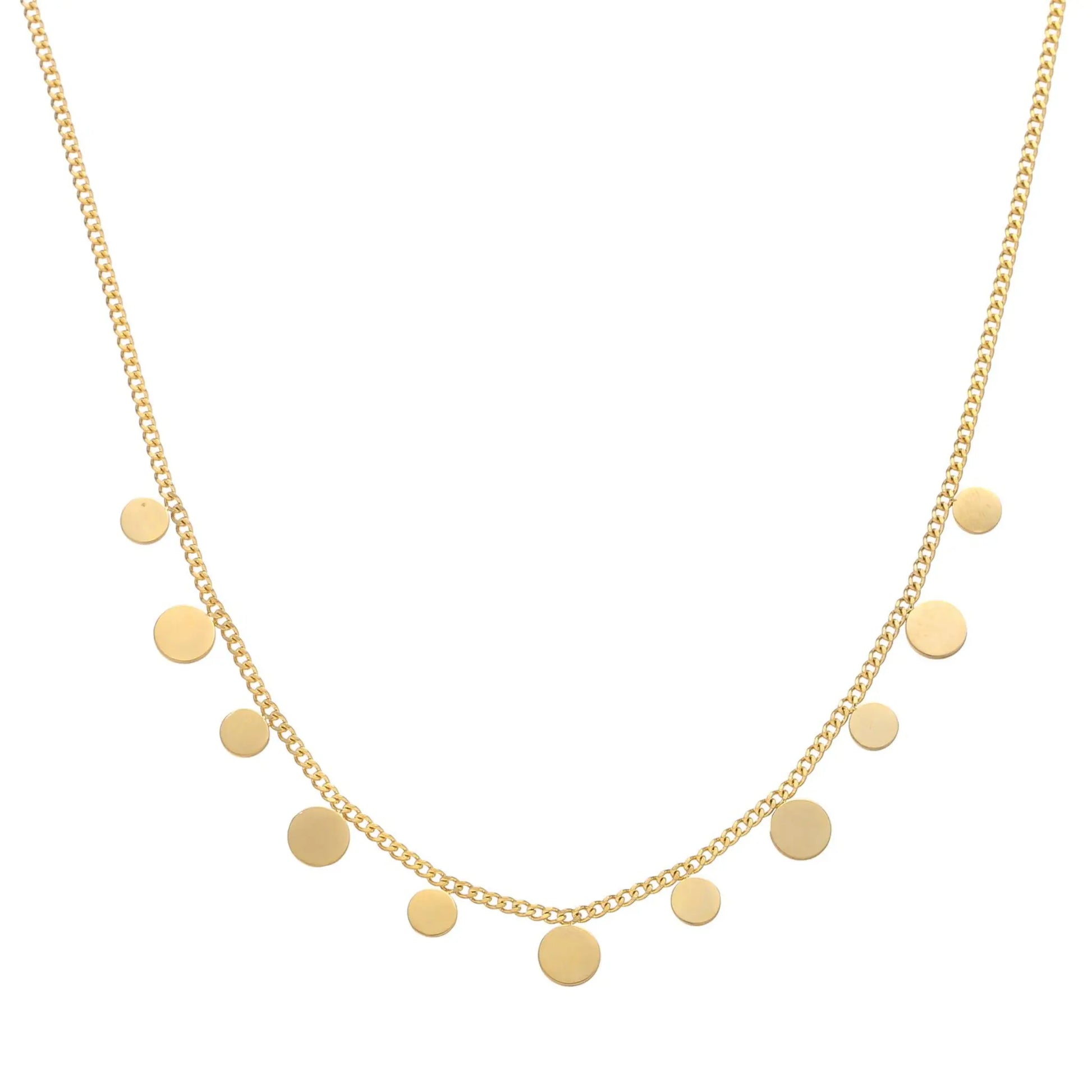 Tarnish-free 18K gold-plated geometric disc necklace close-up