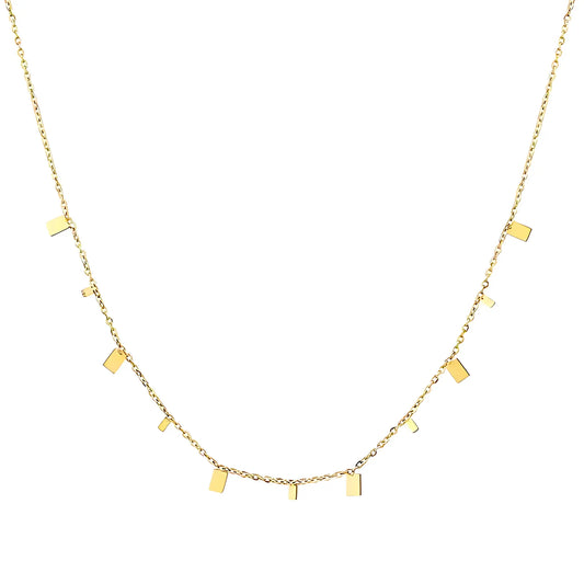 Tarnish-free 18K gold-plated geometric rectangle charms necklace close-up