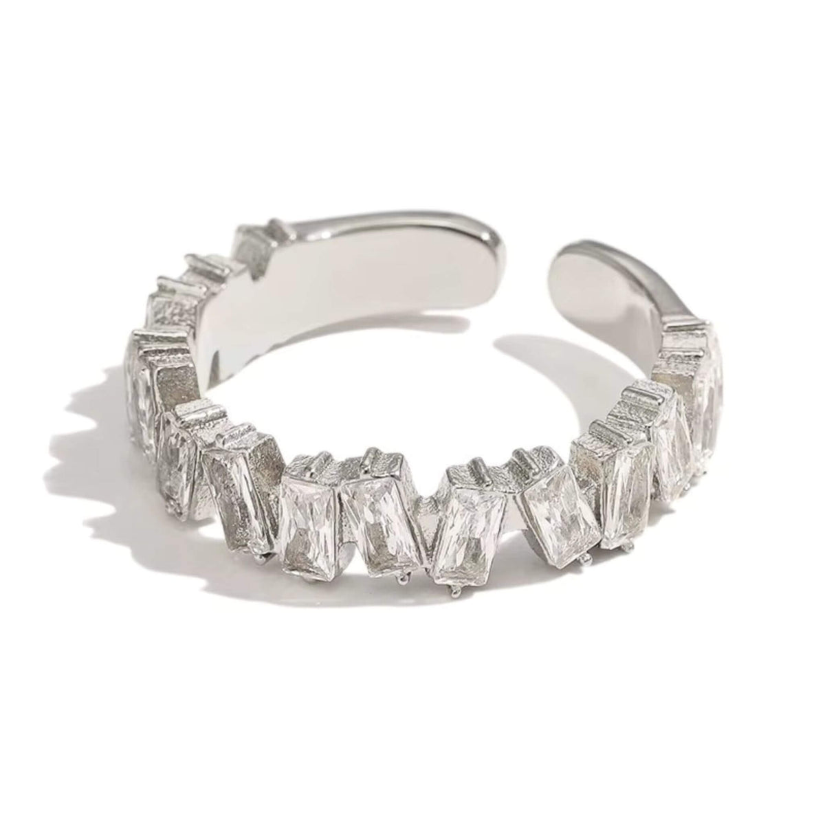 Tarnish-free stainless steel silver open ring with 5A cubic zirconia – hypoallergenic and nickel-free