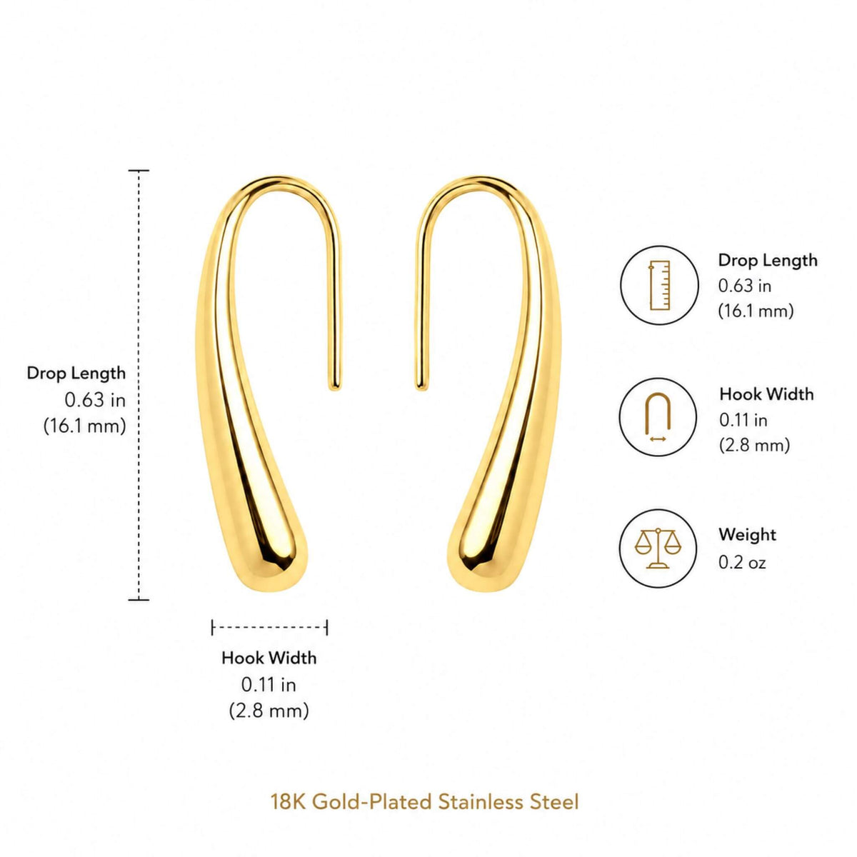 Dimensions of 18K gold plated stainless steel teardrop hook earrings with 0.63 inch drop length, 0.11 inch hook width, lightweight and hypoallergenic.