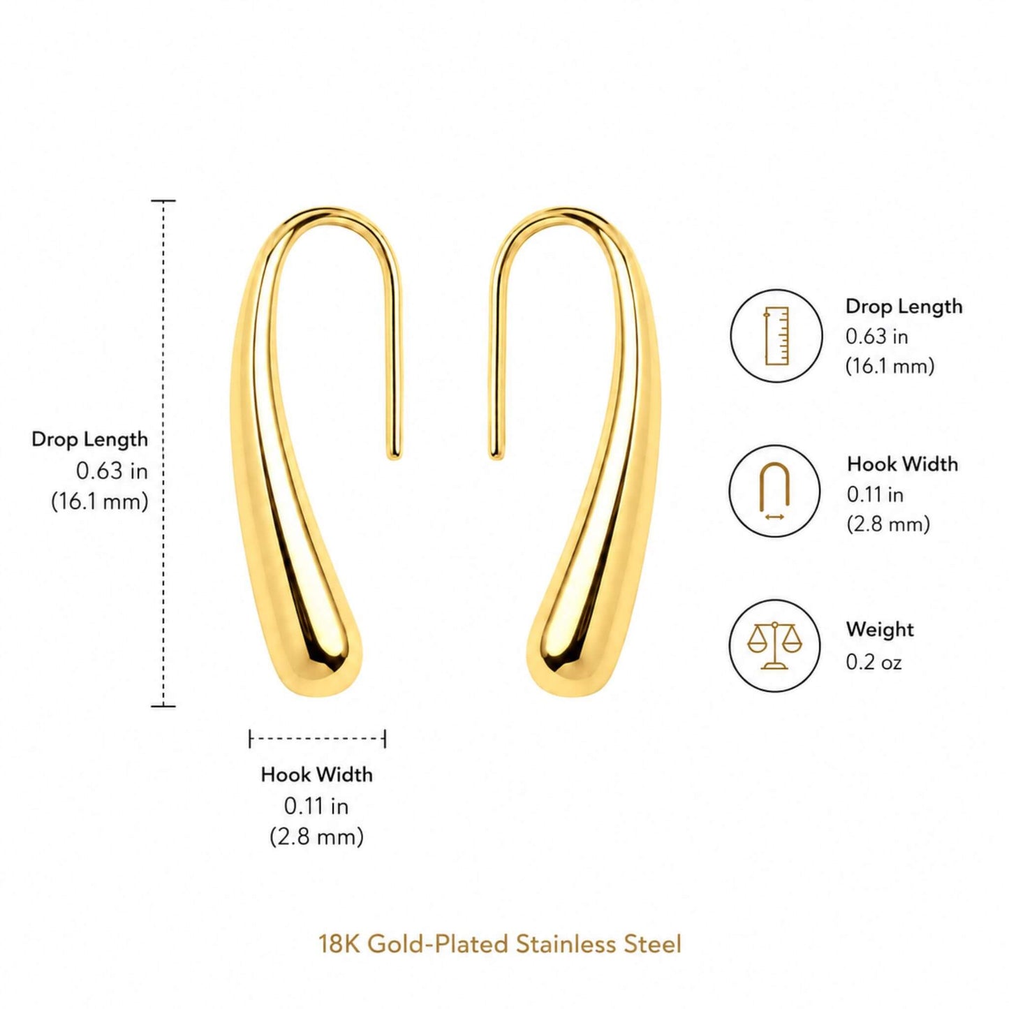 Dimensions of 18K gold plated stainless steel teardrop hook earrings with 0.63 inch drop length, 0.11 inch hook width, lightweight and hypoallergenic.