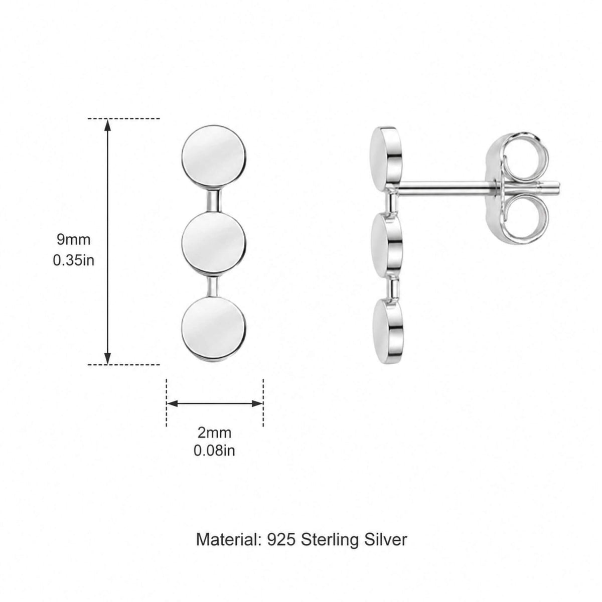 Three circle dot stud earring dimensions — 9mm tall by 2mm wide, 925 sterling silver with butterfly back
