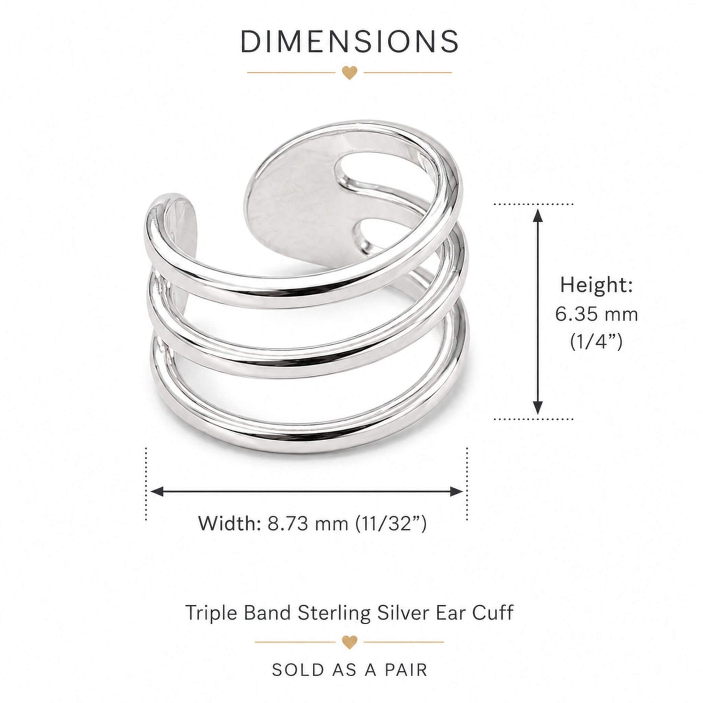Dimensions of the Triple Band Sterling Silver Ear Cuff showing 8.73 mm width and 6.35 mm height for an adjustable no piercing 925 sterling silver ear cuff.