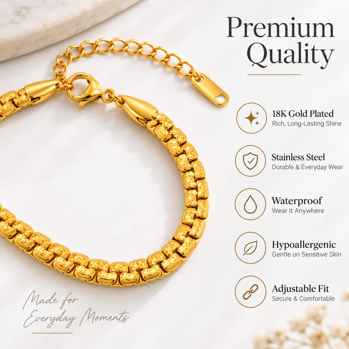 Gold stainless steel bracelet features including 18K gold plating, waterproof, hypoallergenic and adjustable fit