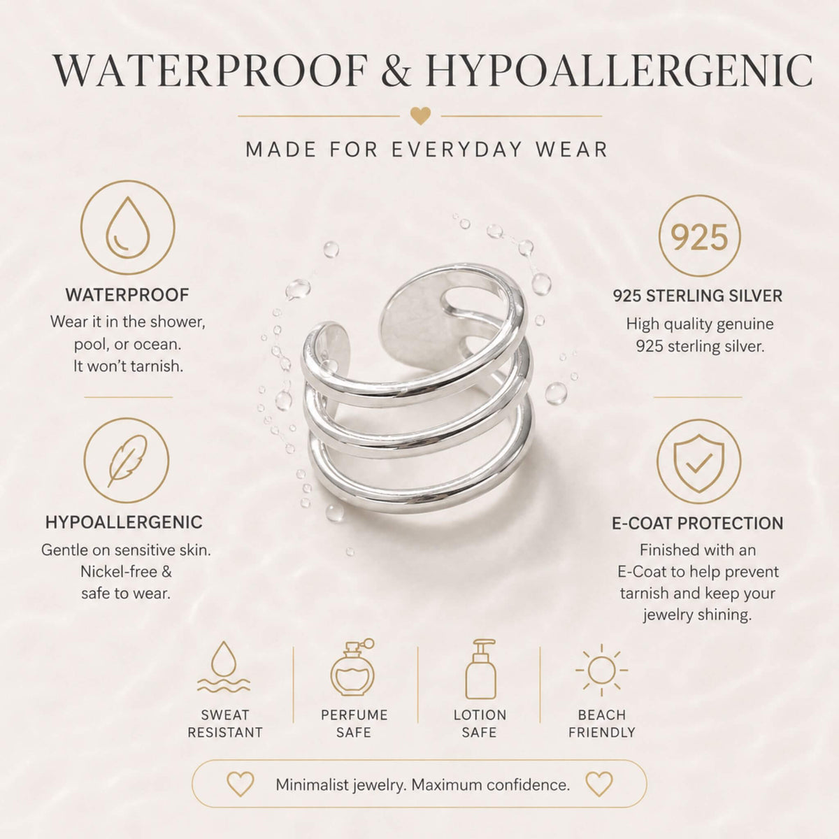 Triple Band Sterling Silver Ear Cuff made from genuine 925 sterling silver with waterproof E-Coat finish and hypoallergenic nickel-free protection.