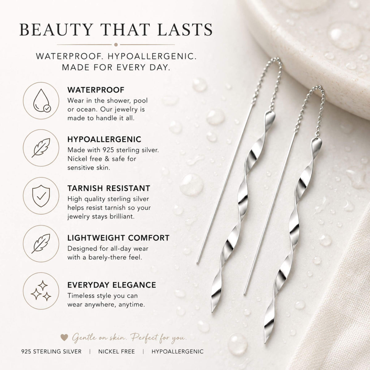 Waterproof and hypoallergenic 925 sterling silver threader earrings