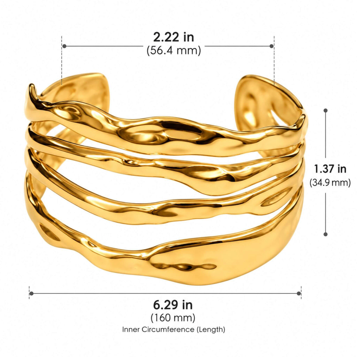 Wide gold cuff bracelet dimensions showing 6.29 inch inner circumference, 2.22 inch width and 1.37 inch height