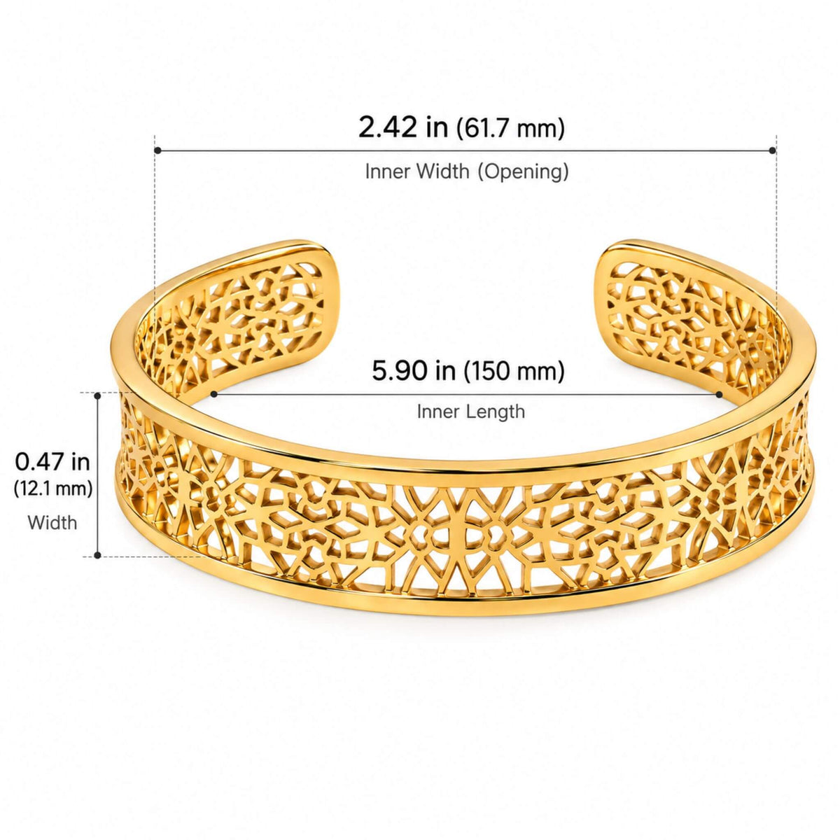 Wide gold filigree cuff bracelet showing 5.90 inch inner length, 2.42 inch opening and 0.47 inch width