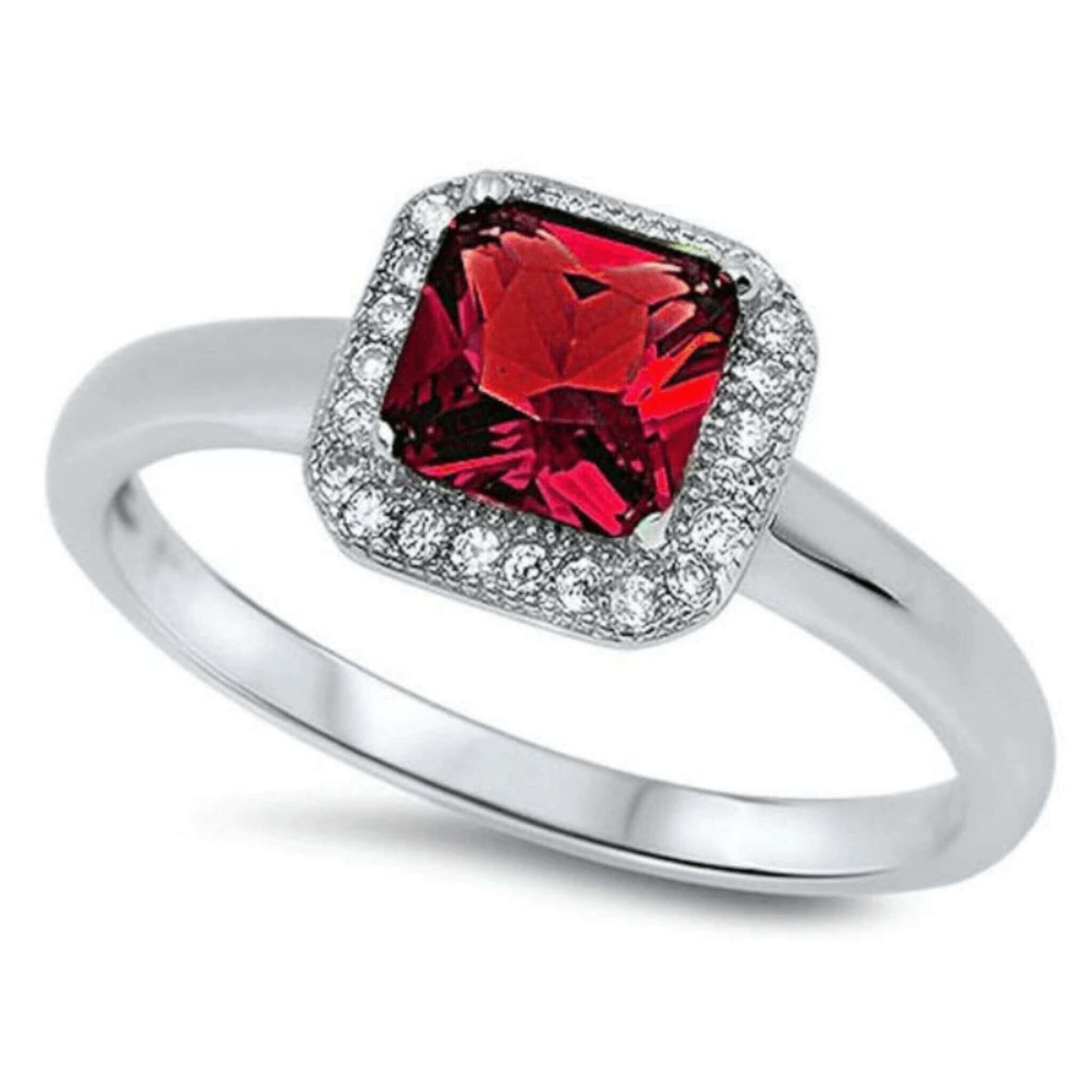 .925 Sterling Silver Halo CZ Ruby Ring