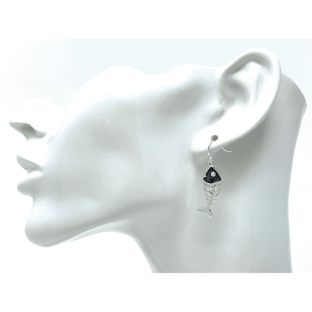 Abalone Fish Bone Dangle Earrings with Rhinestone Accents - Fashion Jewelry