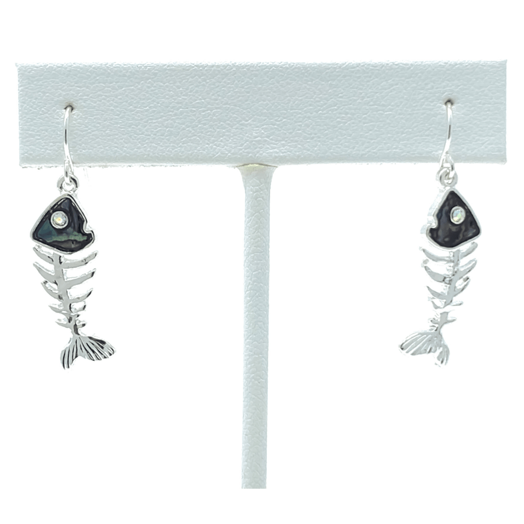 Silver Abalone Fishbone Beach Earrings with Rhinestone Accents - Costume Jewelry