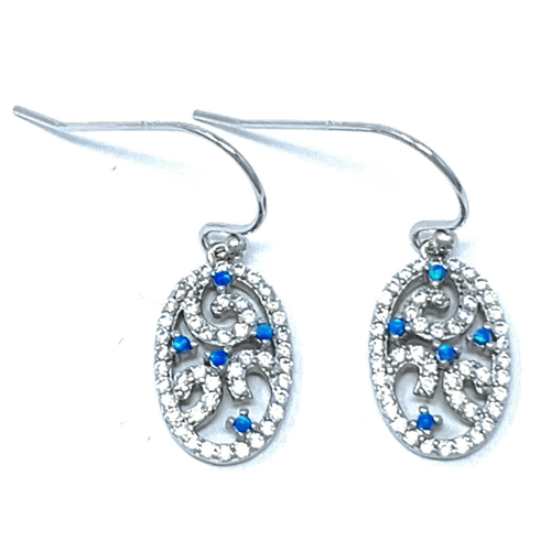 Blue Opal & CZ Filigree Dangle Sterling Silver Earrings - SeaSpray Jewelry