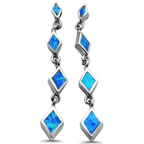 Blue Opal Diamond Shape Sterling Silver Drop Stud Earrings - SeaSpray Jewelry