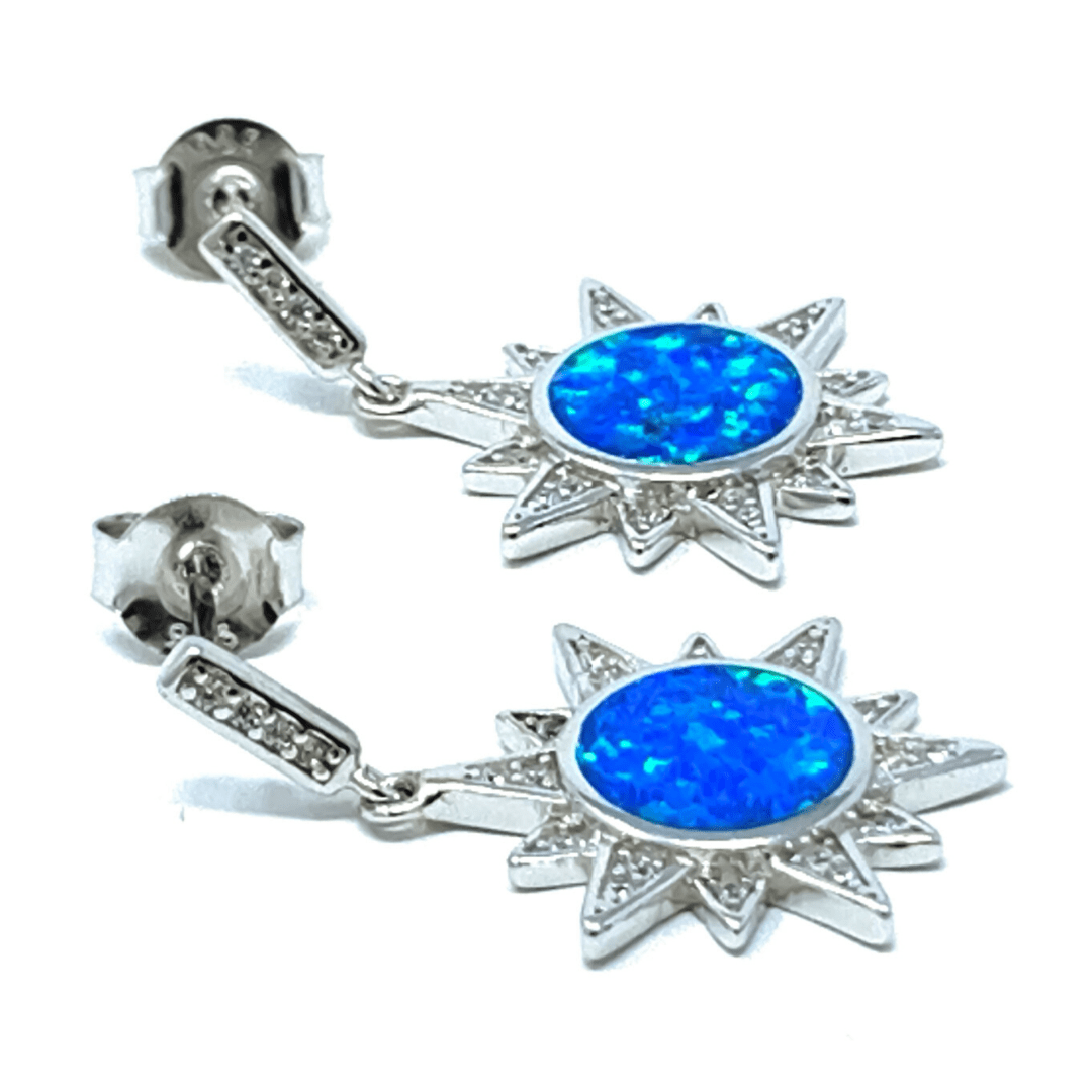 Blue Opal Sun CZ Sterling Silver Earrings - Sterling Silver Jewelry
