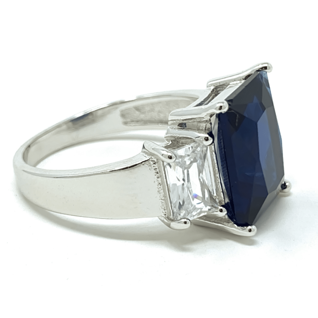 Blue Sapphire  & CZ .925 Sterling Silver Ring For Women - Fashion Jewelry