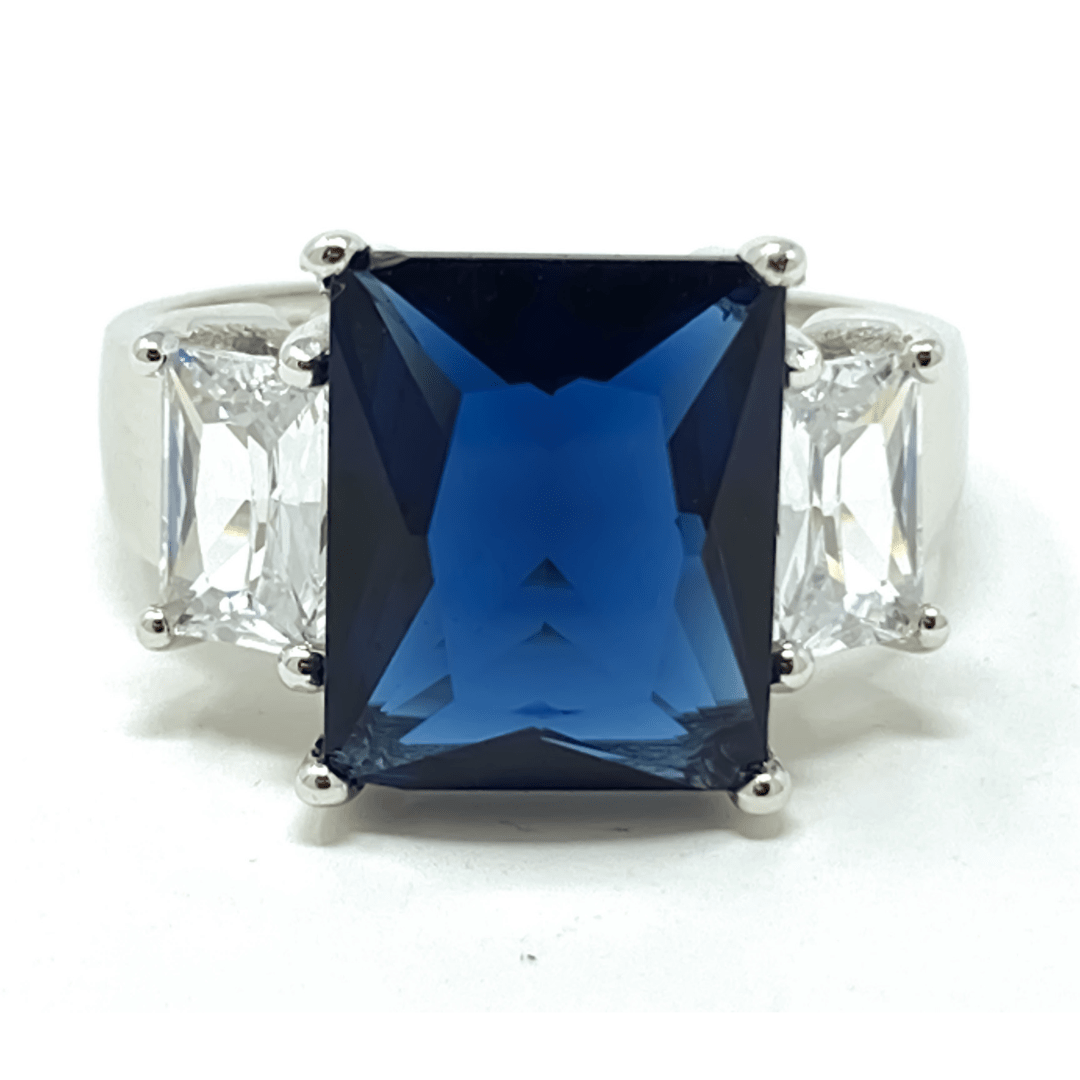 Blue Sapphire & CZ .925 Sterling Silver Ring For Women - Fashion Jewelry